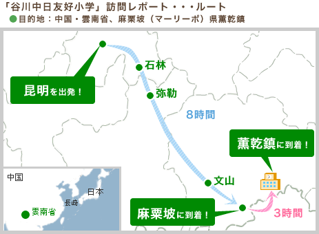 「谷川中日友好小学」訪問レポートルート 目的地：中国・雲南省、麻栗坡（マーリーポ）県薫乾鎮