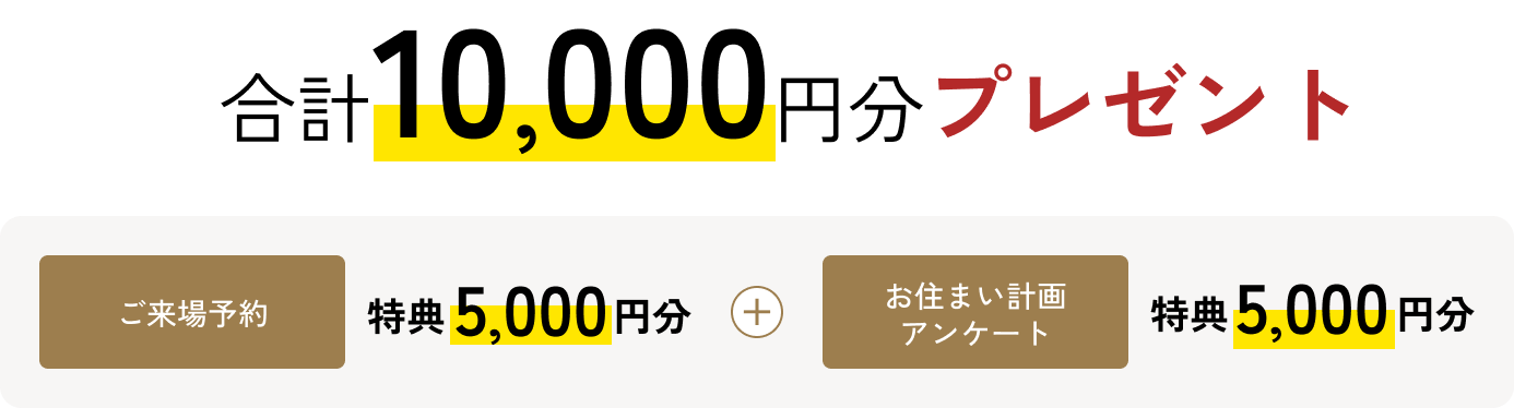 来場予約特典5,000円分+お住まい計画アンケート特典5,000円分 合計10,000円分